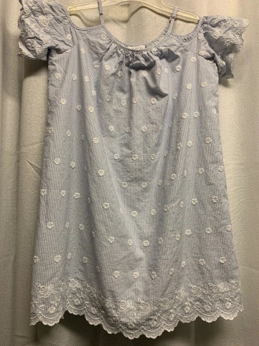 The Children's Place Girls L 10-12 BlueStriped w/ White Floral Embroidered Dress